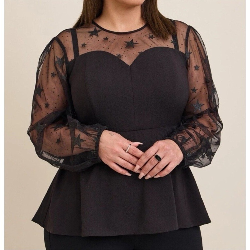 Torrid Peplum Stretch Woven Glitter Star Organza Top Black Plus 4X Sheer Sleeve